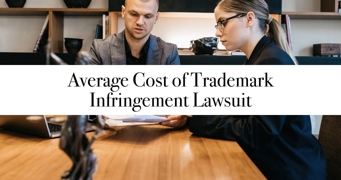 Legal scales and documents representing the average cost of trademark infringement lawsuits.